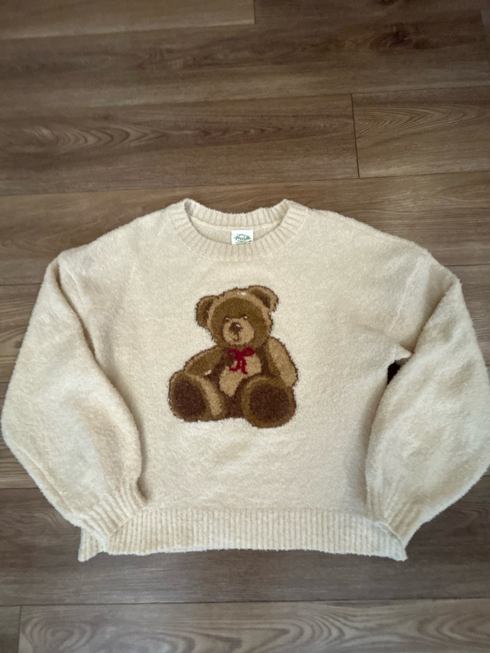 Teddy Bear Sweater Cream Textured Knit Novelty Graphic Pullover Size M